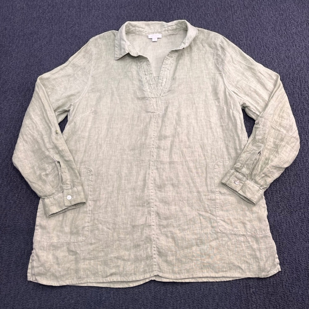 J. Jill Love Linen Sage Green Tunic‎ Top Sz  Large L 100% Linen Roll Tab Sleeve